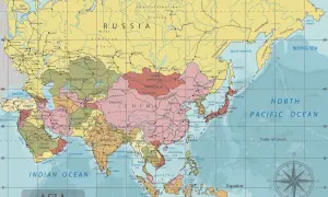 Mapa Azji z zaznaczonymi stolicami, takimi jak Pekin, Tokio, Seul, Ułan Bator, Astana.