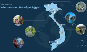 Mapa pokazuje trasę podróży po Wietnamie, od Hanoi po Sajgon, z zaznaczonymi miastami: Sapa, Ha Long, Ninh Binh, Hoi An i Ho Chi Minh.