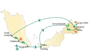 Mapa podróży po Borneo, największej wyspie Azji, z zaznaczonymi miastami: Kuala Lumpur, Malakka, Singapur, Bako, Kuching, Kota Kinabalu, Sandakan, Sukau i Wyspa Żółwi.
