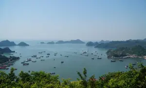 Widok na zatokę Ha Long z licznymi łodziami i statkami, otoczoną zielonymi, skalistymi wyspami.