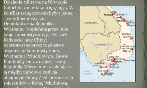 Wojna w Wietnamie prezentacja: mapa Indochin z zaznaczonymi miastami i granicami, opisująca konflikt z lat 1957-1975.