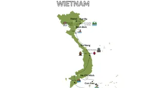 Mapa Wietnamu z zaznaczonymi atrakcjami: Hanoi, Zatoka Ha Long, Ninh Binh, Da Nang, Hoi An, Ho Chi Minh i Con Dao. Podróż przez wietnam południowy.