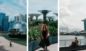Trzy ujęcia z Singapuru, najmniejszego państwa w Azji: nowoczesne budynki, futurystyczne ogrody i widok na zatokę z kobietą w centrum.