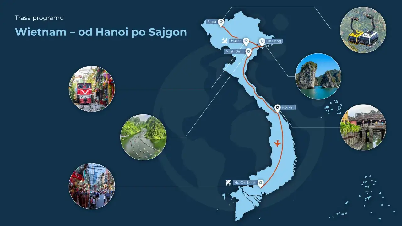 Trasa przez Wietnam w grudniu: od Sapy po Sajgon, przez Hanoi, Ha Long, Ninh Binh i Hoi An. Widok na kolejki linowe, zatokę Ha Long, rzekę z łodziami, most w Hoi An i ulicę Hanoi.